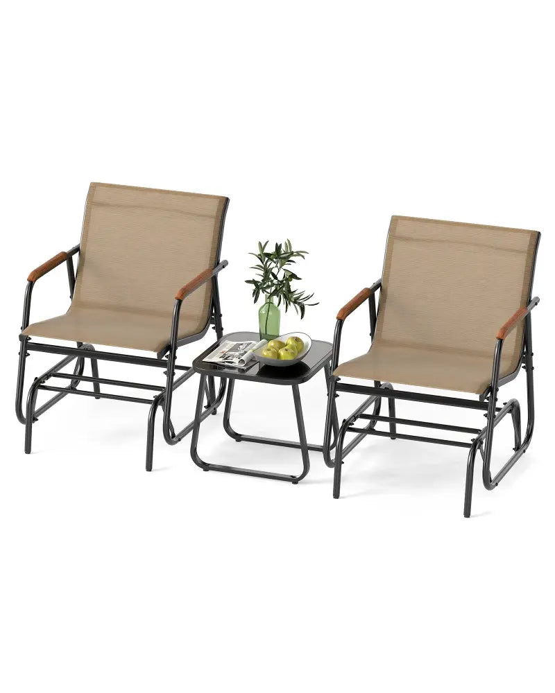 3-Piece Outdoor Glider Bistro Set with Tempered Glass Top and Metal Frame-Coffee - Coffee - Patio Conversation Sets