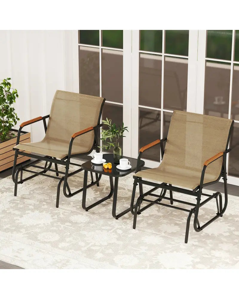 3-Piece Outdoor Glider Bistro Set with Tempered Glass Top and Metal Frame-Coffee - Coffee - Patio Conversation Sets