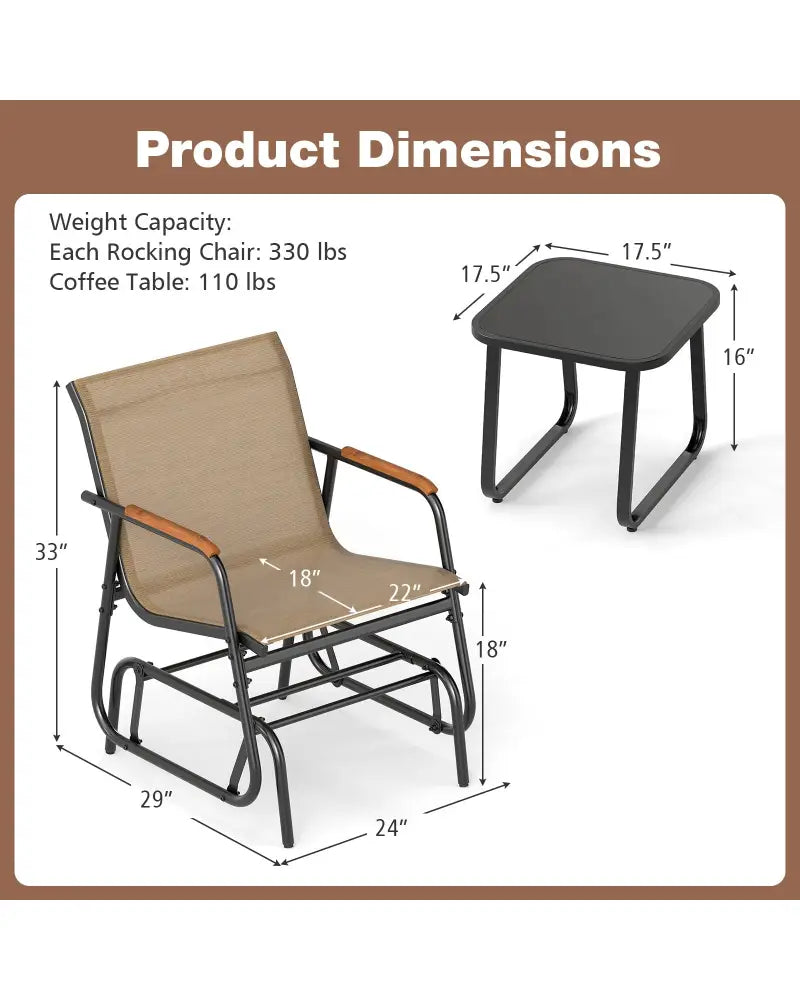 3-Piece Outdoor Glider Bistro Set with Tempered Glass Top and Metal Frame-Coffee - Coffee - Patio Conversation Sets