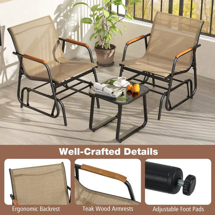 3-Piece Outdoor Glider Bistro Set with Tempered Glass Top and Metal Frame-Coffee - Coffee - Patio Conversation Sets