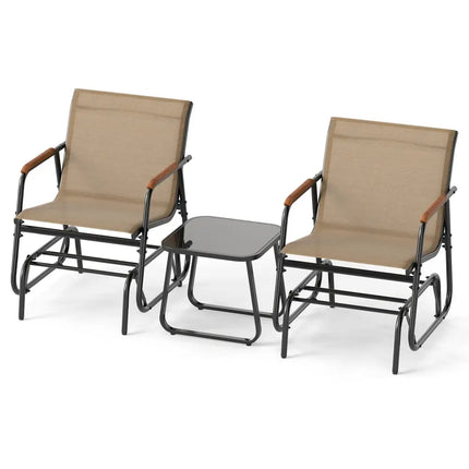 3-Piece Outdoor Glider Bistro Set with Tempered Glass Top and Metal Frame-Coffee - Coffee - Patio Conversation Sets