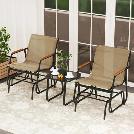 3-Piece Outdoor Glider Bistro Set with Tempered Glass Top and Metal Frame-Coffee - Coffee - Patio Conversation Sets