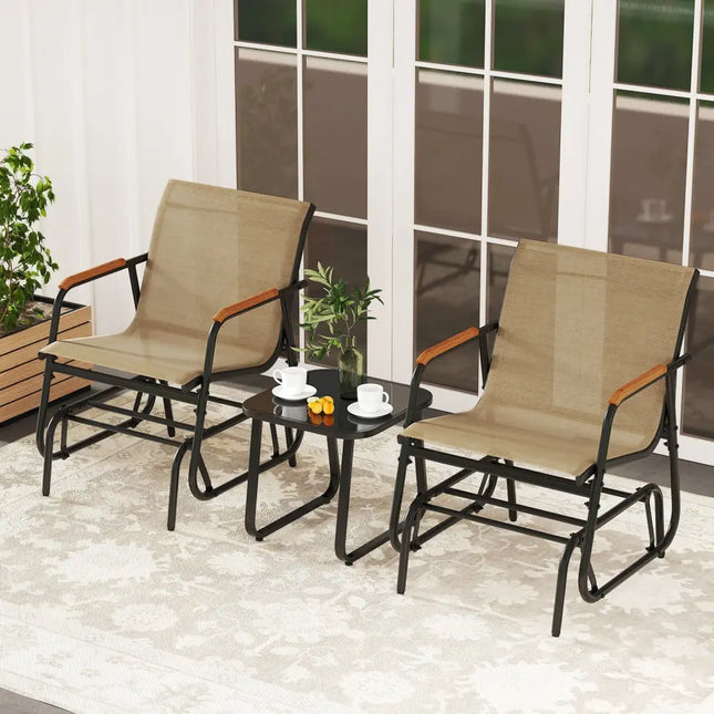 3-Piece Outdoor Glider Bistro Set with Tempered Glass Top and Metal Frame-Coffee - Coffee - Patio Conversation Sets
