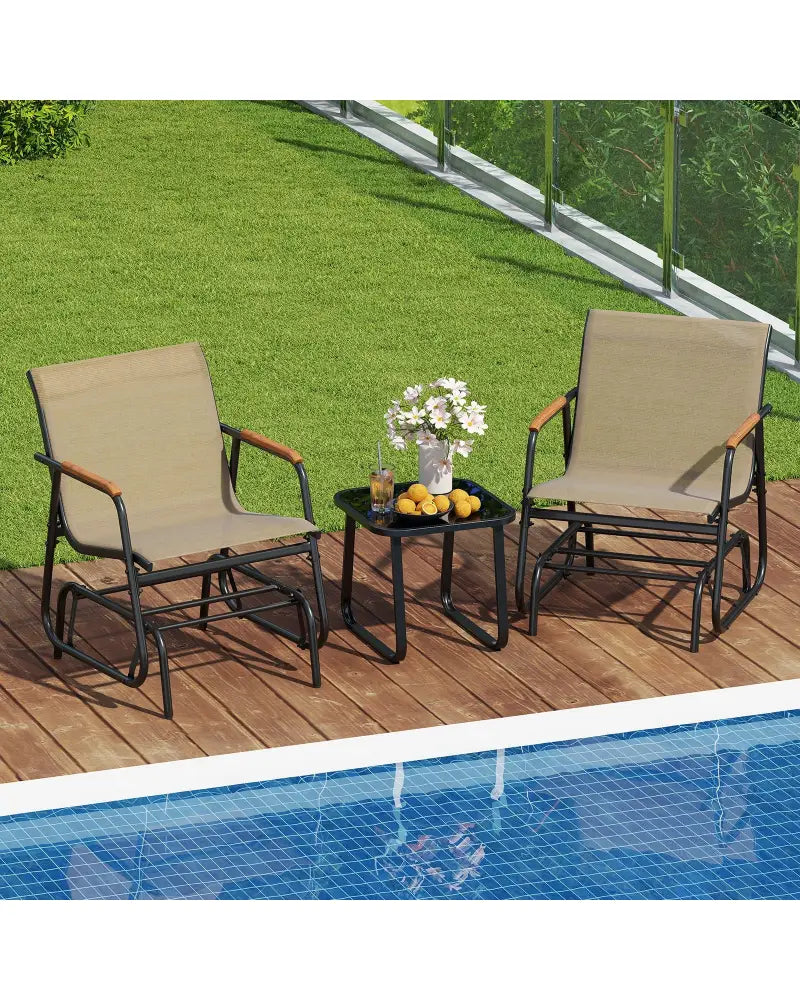 3-Piece Outdoor Glider Bistro Set with Tempered Glass Top and Metal Frame-Coffee - Coffee - Patio Conversation Sets