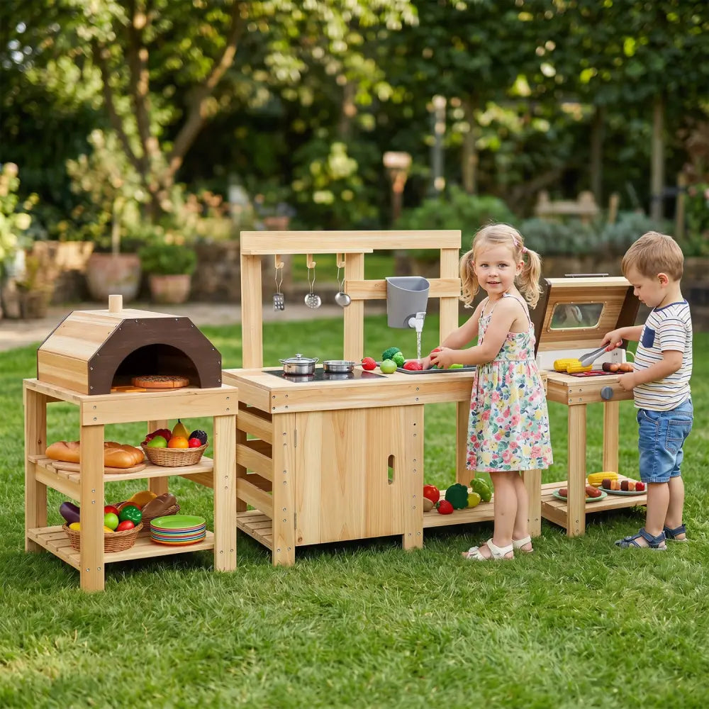 3-Piece Outdoor Kitchen Set Mud Kitchen with Separate BBQ Grill and Pizza Oven-Natural - Natural - Play Kitchen Sets