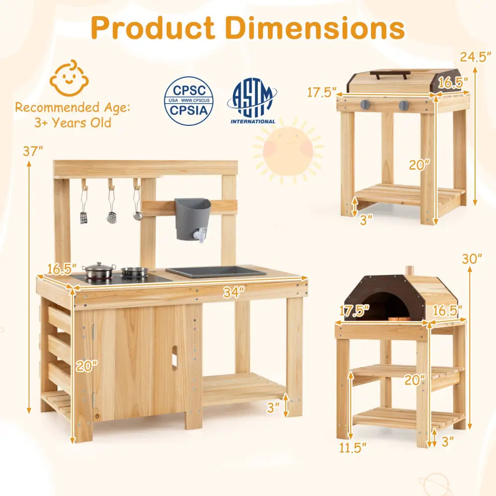 3-Piece Outdoor Kitchen Set Mud Kitchen with Separate BBQ Grill and Pizza Oven-Natural - Natural - Play Kitchen Sets