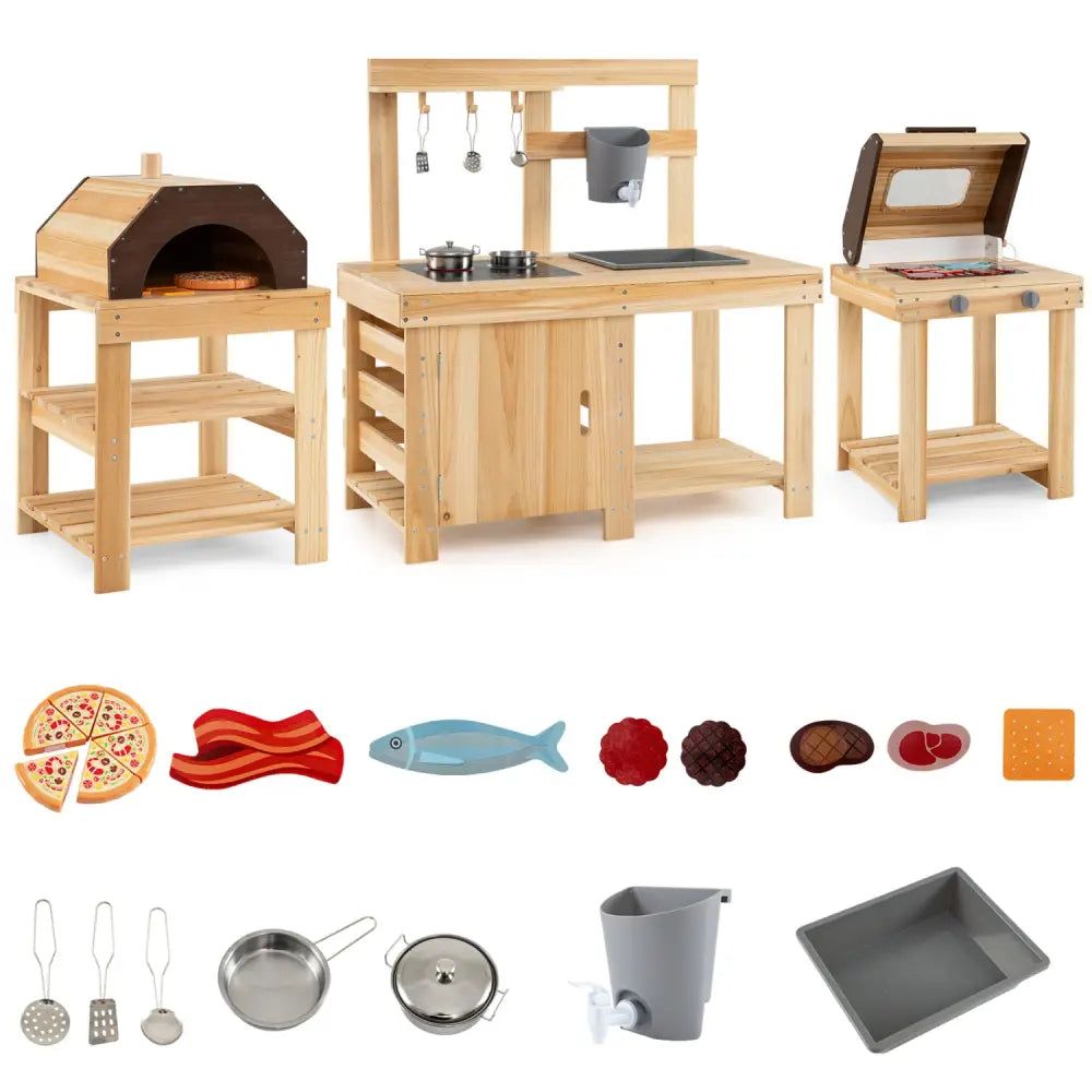 3-Piece Outdoor Kitchen Set Mud Kitchen with Separate BBQ Grill and Pizza Oven-Natural - Natural - Play Kitchen Sets