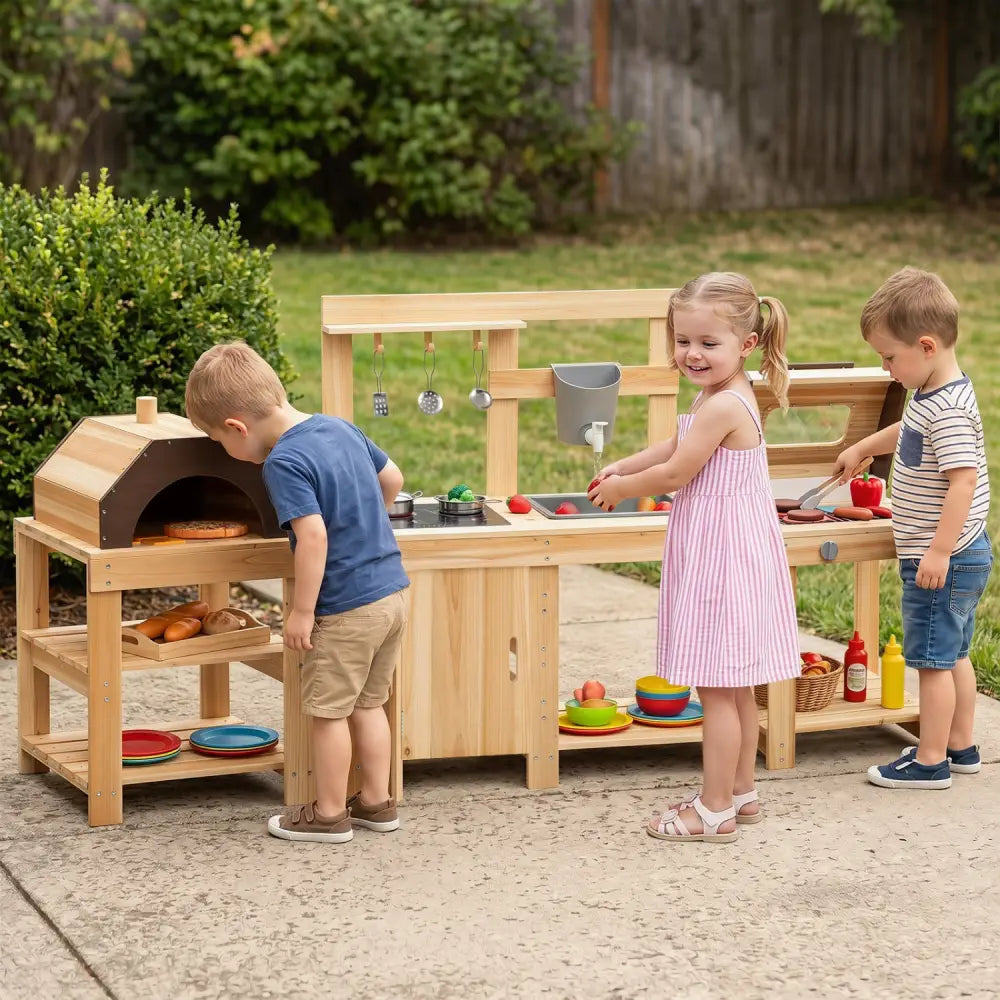 3-Piece Outdoor Kitchen Set Mud Kitchen with Separate BBQ Grill and Pizza Oven-Natural - Natural - Play Kitchen Sets