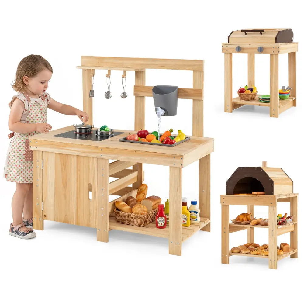 3-Piece Outdoor Kitchen Set Mud Kitchen with Separate BBQ Grill and Pizza Oven-Natural - Natural - Play Kitchen Sets