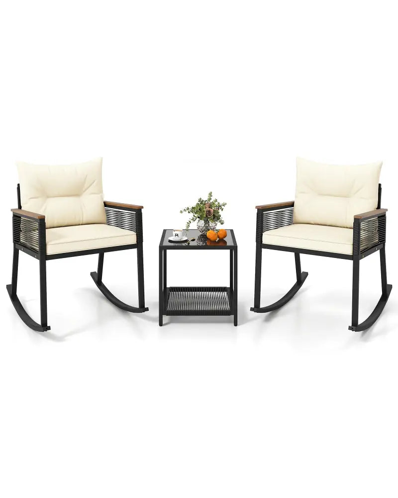 3 Piece Outdoor PE Rattan Rocking Bistro Set with 2-Tier Coffee Table-Black - Black - Patio Furniture Sets
