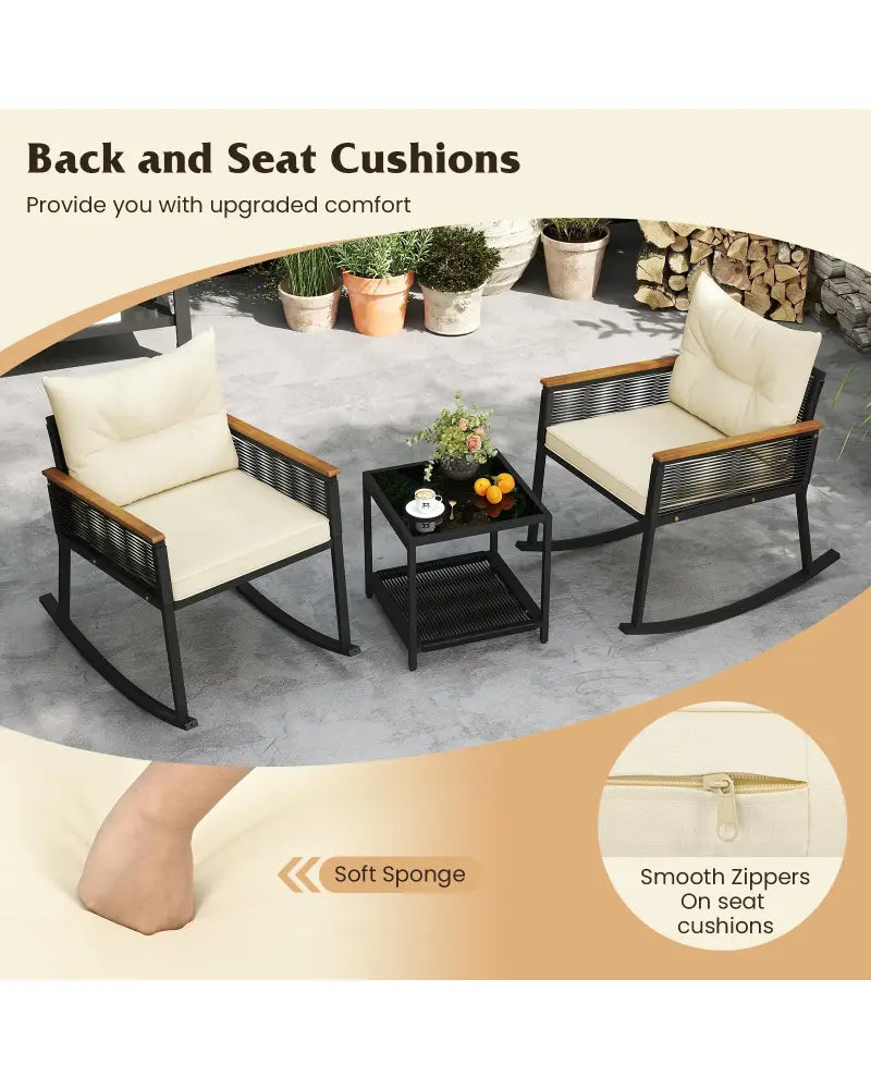 3 Piece Outdoor PE Rattan Rocking Bistro Set with 2-Tier Coffee Table-Black - Black - Patio Furniture Sets