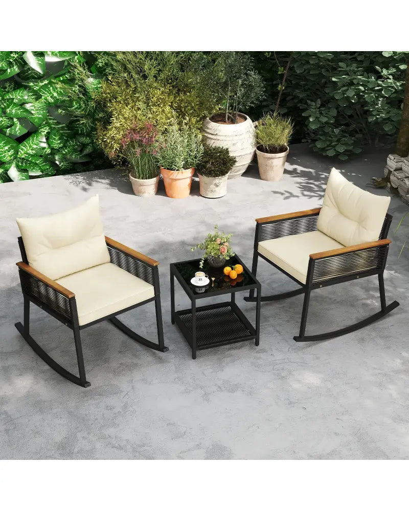 3 Piece Outdoor PE Rattan Rocking Bistro Set with 2-Tier Coffee Table-Black - Black - Patio Furniture Sets