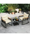 3 Piece Outdoor PE Rattan Rocking Bistro Set with 2-Tier Coffee Table-Black - Black - Patio Furniture Sets