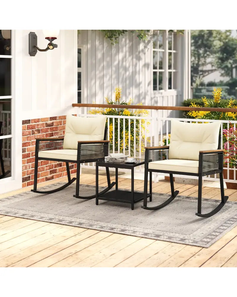3 Piece Outdoor PE Rattan Rocking Bistro Set with 2-Tier Coffee Table-Black - Black - Patio Furniture Sets