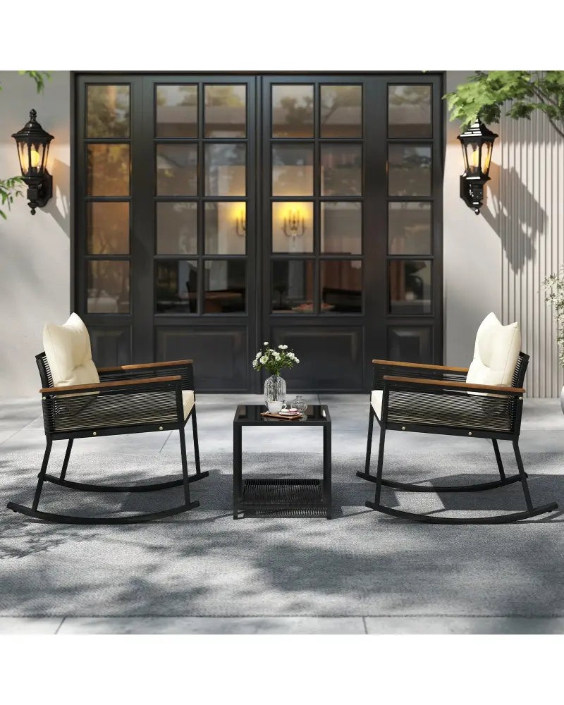 3 Piece Outdoor PE Rattan Rocking Bistro Set with 2-Tier Coffee Table-Black - Black - Patio Furniture Sets