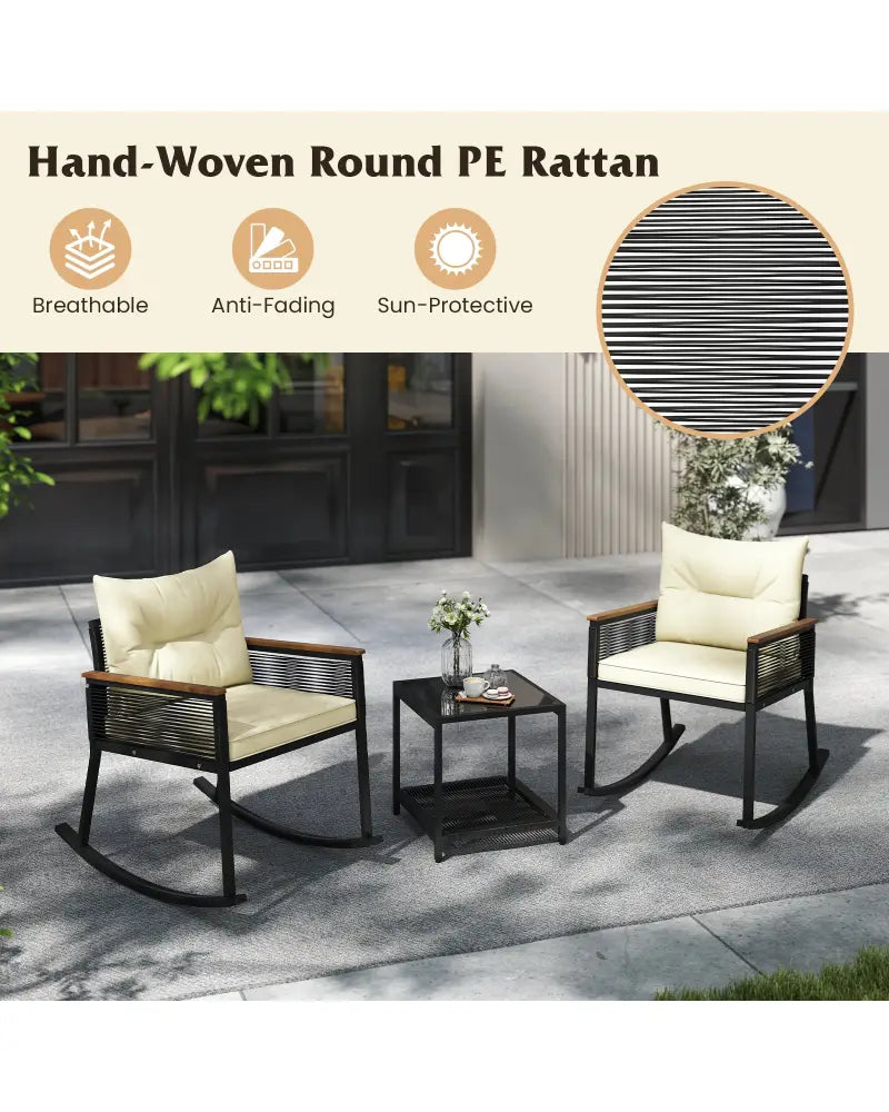 3 Piece Outdoor PE Rattan Rocking Bistro Set with 2-Tier Coffee Table-Black - Black - Patio Furniture Sets