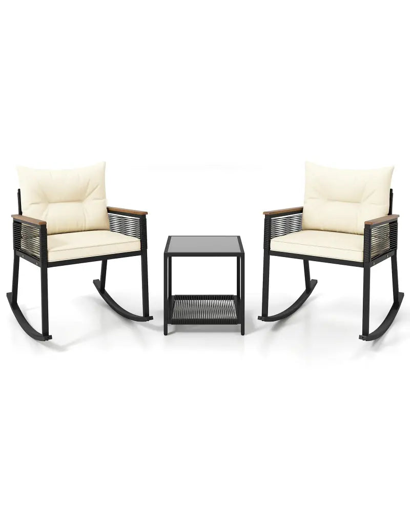 3 Piece Outdoor PE Rattan Rocking Bistro Set with 2-Tier Coffee Table-Black - Black - Patio Furniture Sets