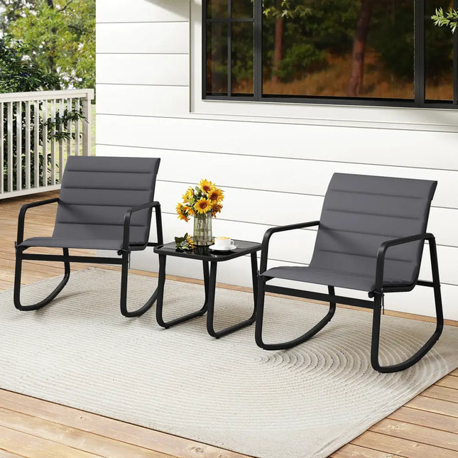 3 Piece Outdoor Rocking Bistro Set Porch Rocker Chairs with Tempered Glass Table-Gray - Gray - Patio Conversation Sets