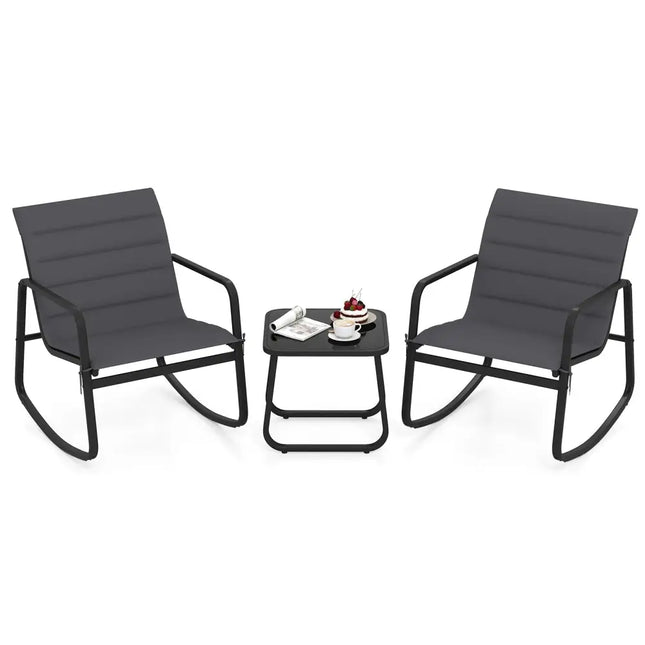3 Piece Outdoor Rocking Bistro Set Porch Rocker Chairs with Tempered Glass TableGray - Oasis Home Essentials