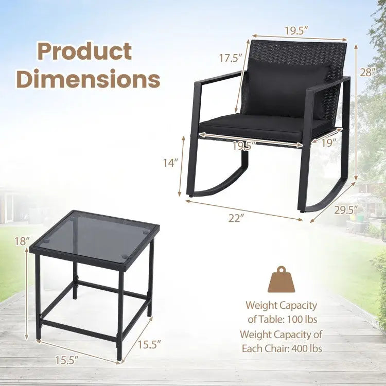 3-Piece Outdoor Rocking Bistro Set with Soft Cushions and Tempered Glass Table-Black - Dark Brown - Patio Furniture Sets