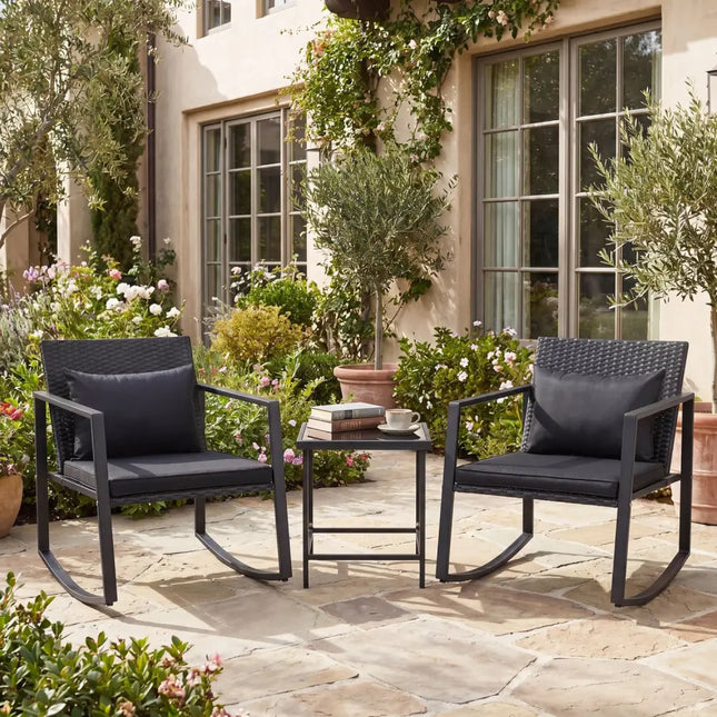 3-Piece Outdoor Rocking Bistro Set with Soft Cushions and Tempered Glass Table-Dark - Black - Patio Furniture Sets