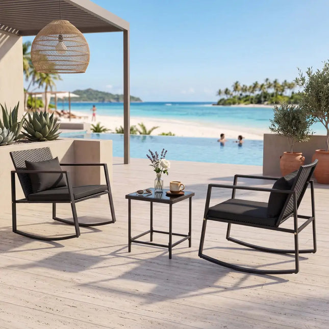 3-Piece Outdoor Rocking Bistro Set with Soft Cushions and Tempered Glass Table-Dark - Black - Patio Furniture Sets