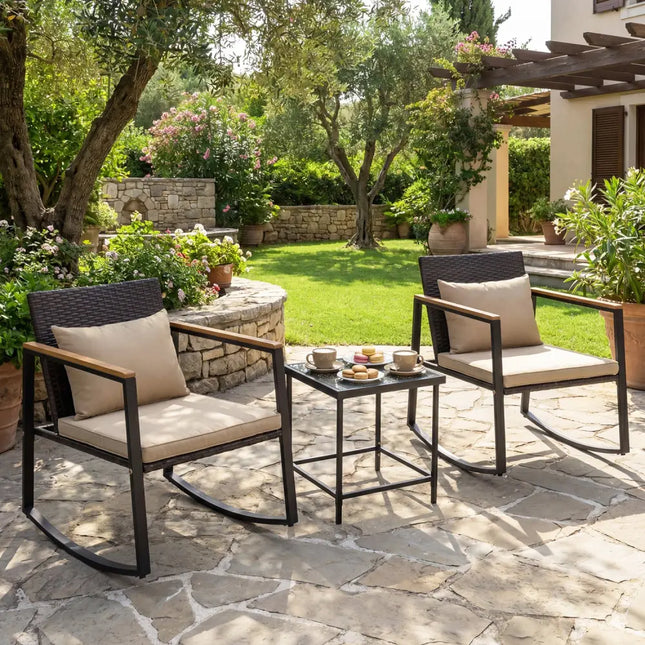 3-Piece Outdoor Rocking Bistro Set with Soft Cushions and Tempered Glass Table-Brown - Brown - Patio Furniture Sets