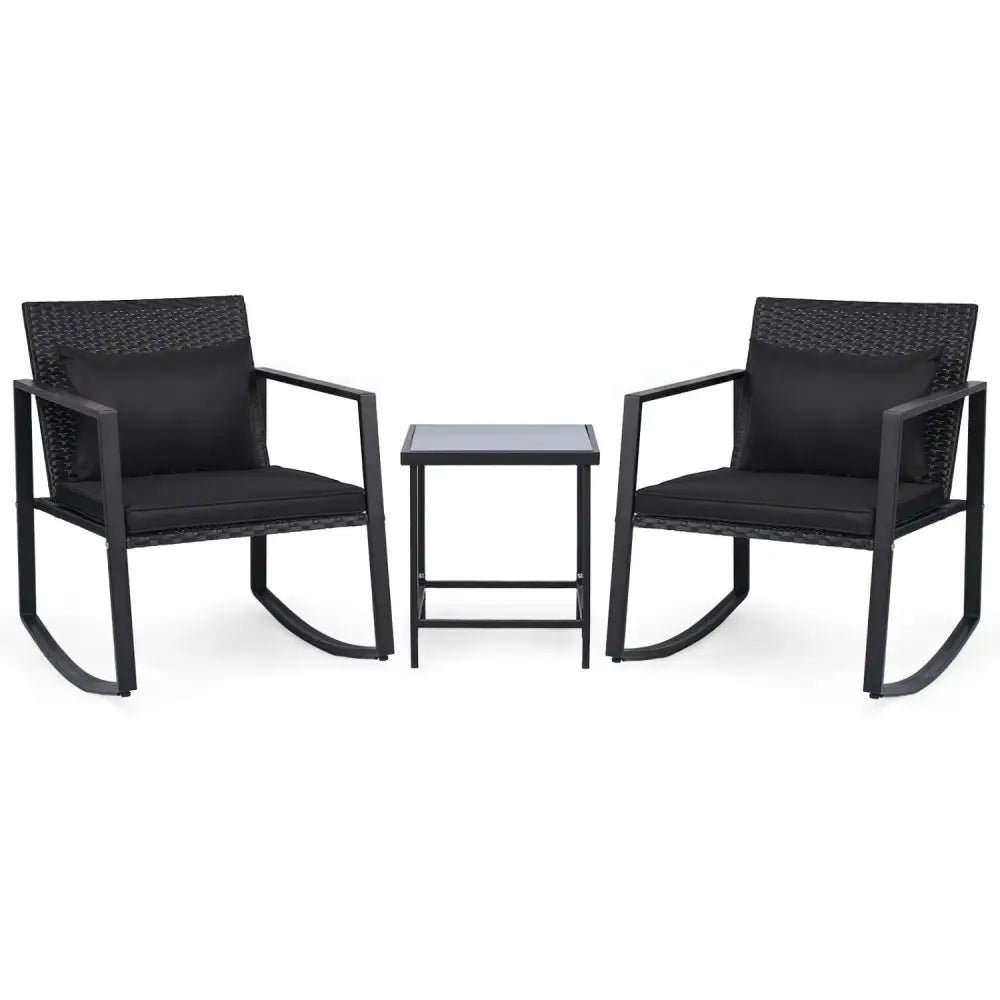 3-Piece Outdoor Rocking Bistro Set with Soft Cushions and Tempered Glass Table-Dark - Black - Patio Furniture Sets