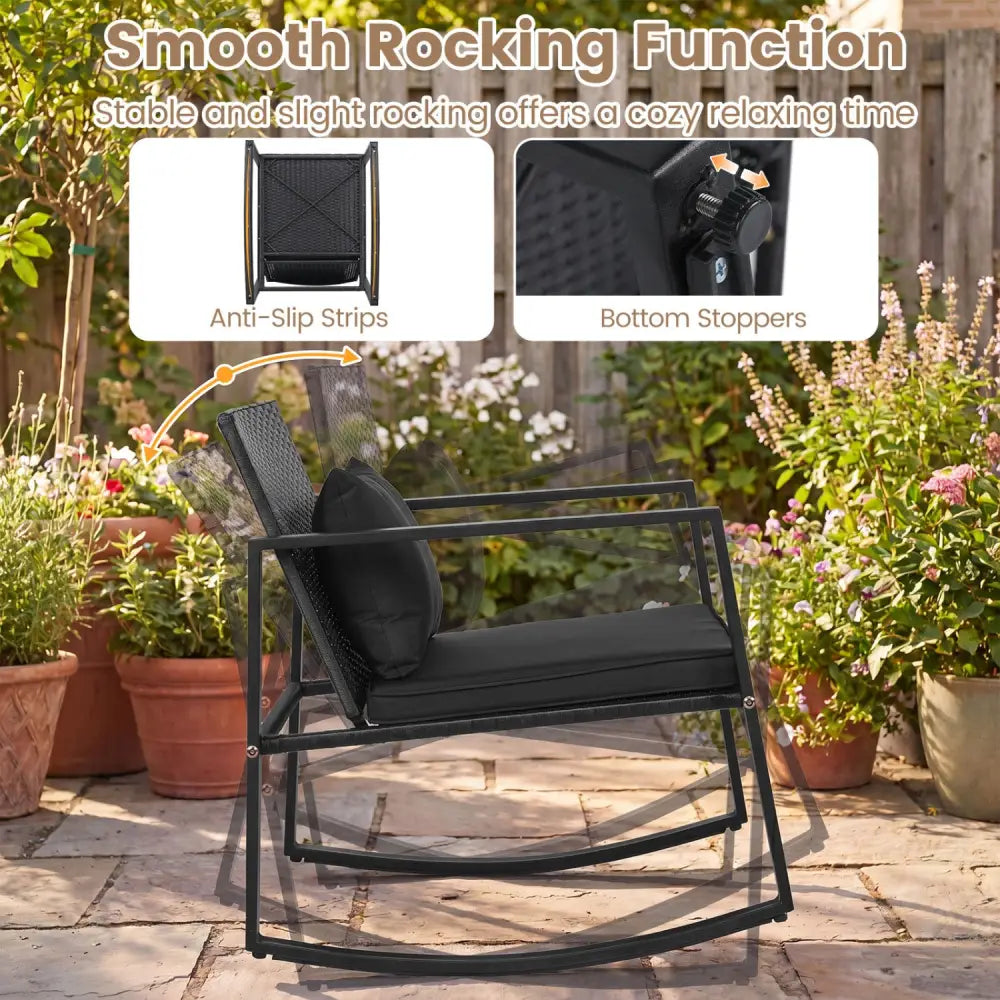 3-Piece Outdoor Rocking Bistro Set with Soft Cushions and Tempered Glass Table-Dark - Black - Patio Furniture Sets