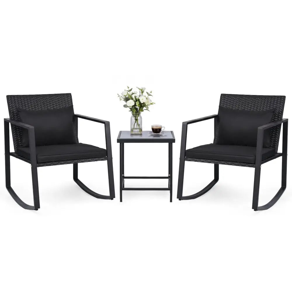 3-Piece Outdoor Rocking Bistro Set with Soft Cushions and Tempered Glass Table-Dark - Black - Patio Furniture Sets
