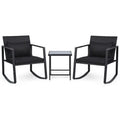 3-Piece Outdoor Rocking Bistro Set with Soft Cushions and Tempered Glass Table-Black - Dark Brown - Patio Furniture Sets