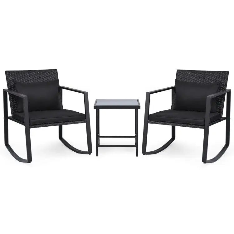 3-Piece Outdoor Rocking Bistro Set with Soft Cushions and Tempered Glass Table-Black - Dark Brown - Patio Furniture Sets