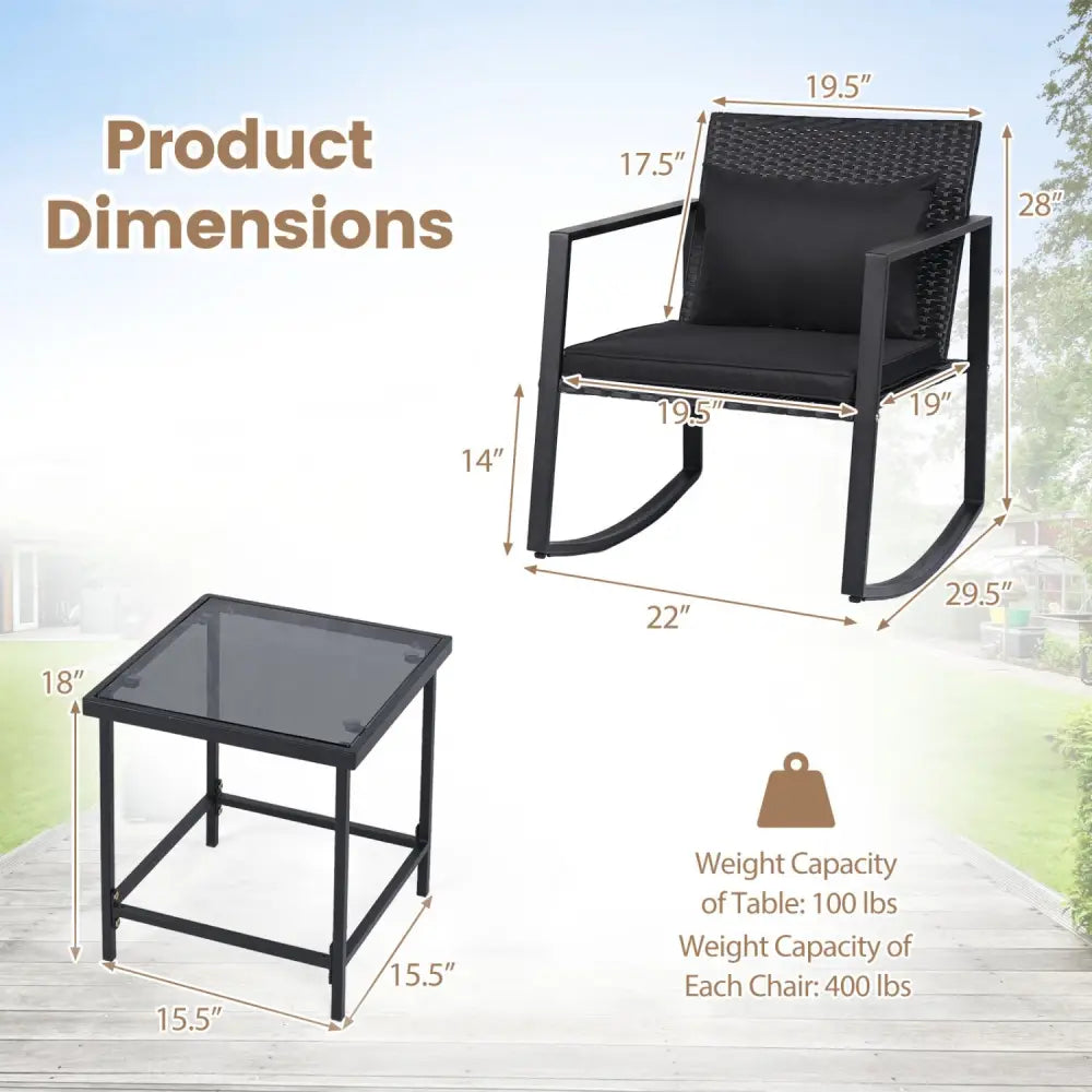 3-Piece Outdoor Rocking Bistro Set with Soft Cushions and Tempered Glass Table-Dark - Black - Patio Furniture Sets