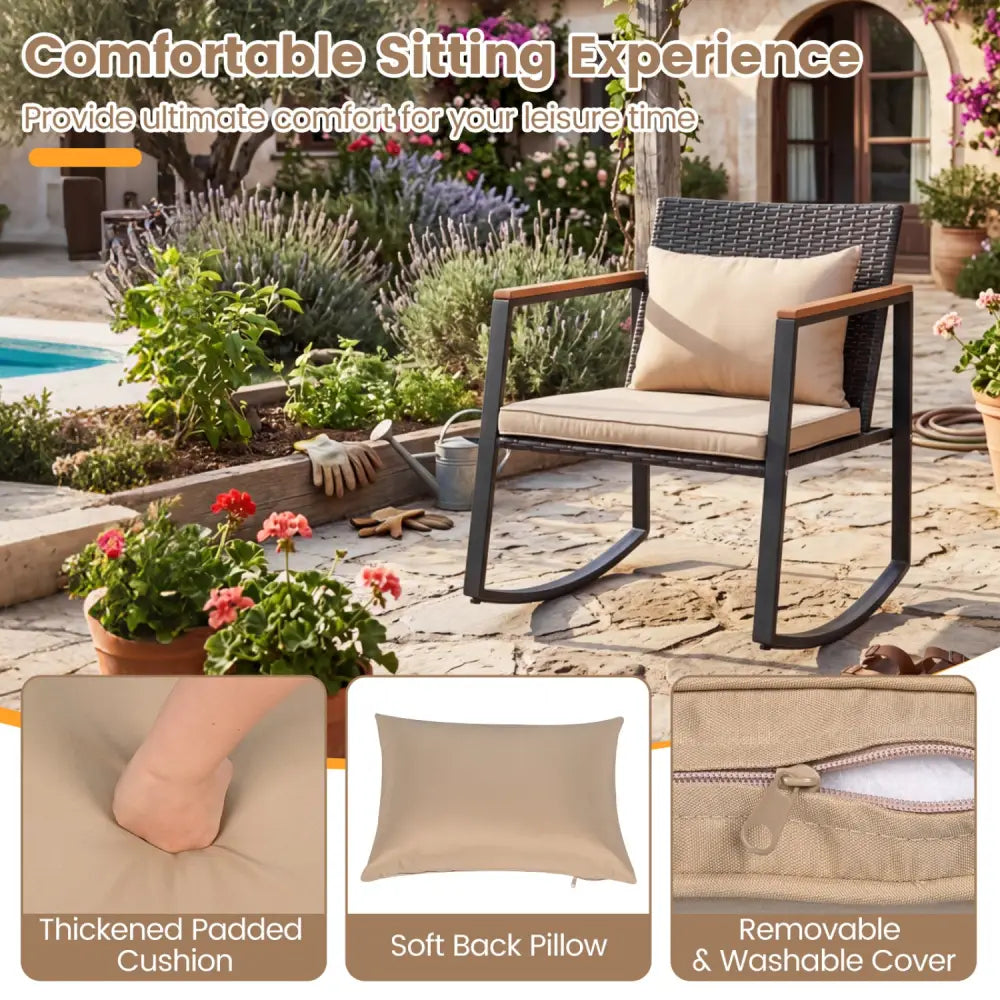 3-Piece Outdoor Rocking Bistro Set with Soft Cushions and Tempered Glass Table-Brown - Brown - Patio Furniture Sets