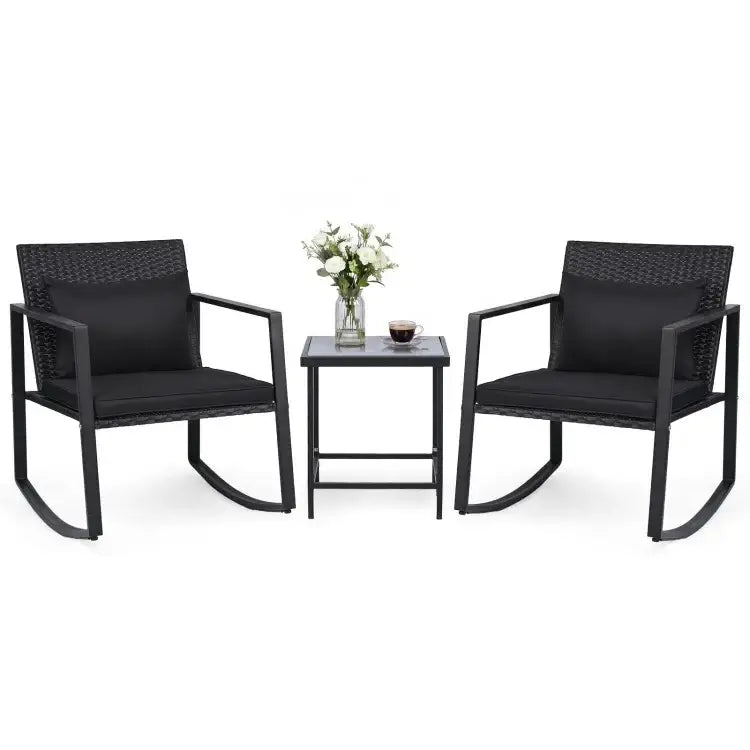 3-Piece Outdoor Rocking Bistro Set with Soft Cushions and Tempered Glass Table-Black - Dark Brown - Patio Furniture Sets