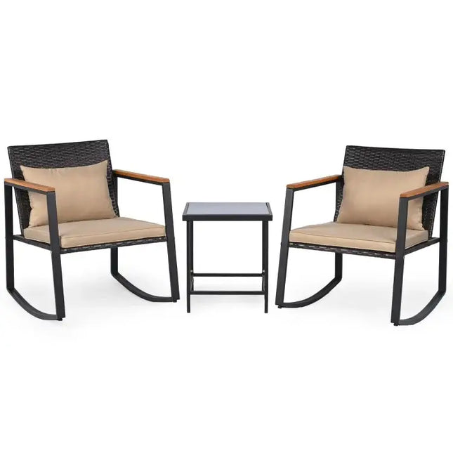 3-Piece Outdoor Rocking Bistro Set with Soft Cushions and Tempered Glass Table-Black - Dark Brown - Patio Furniture Sets