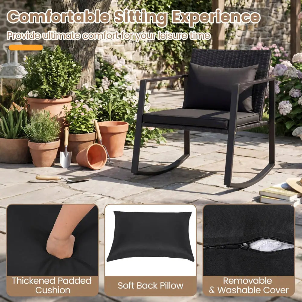 3-Piece Outdoor Rocking Bistro Set with Soft Cushions and Tempered Glass Table-Dark - Black - Patio Furniture Sets