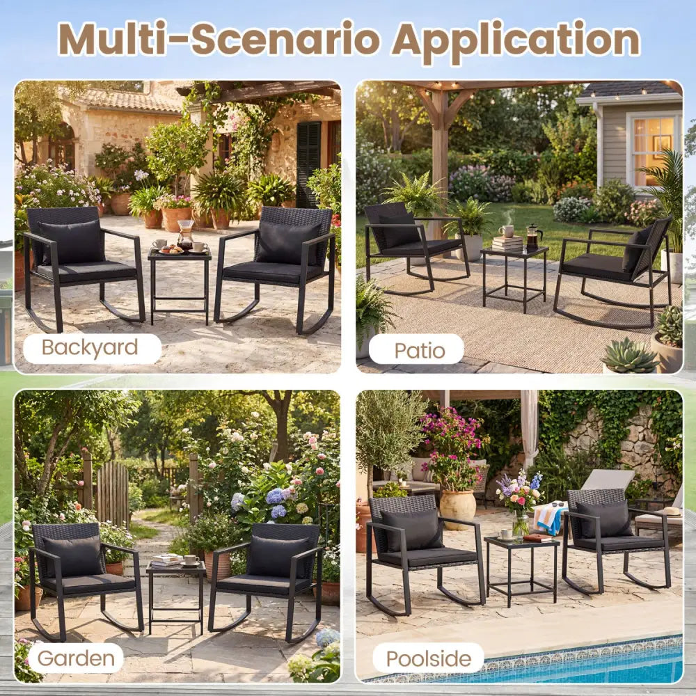3-Piece Outdoor Rocking Bistro Set with Soft Cushions and Tempered Glass Table-Dark - Black - Patio Furniture Sets