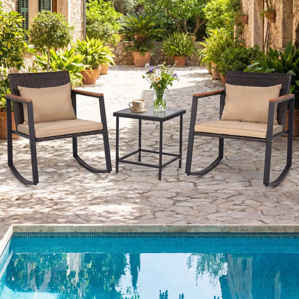 3-Piece Outdoor Rocking Bistro Set with Soft Cushions & Tempered Glass Table-Brown & Black - Patio Furniture Sets