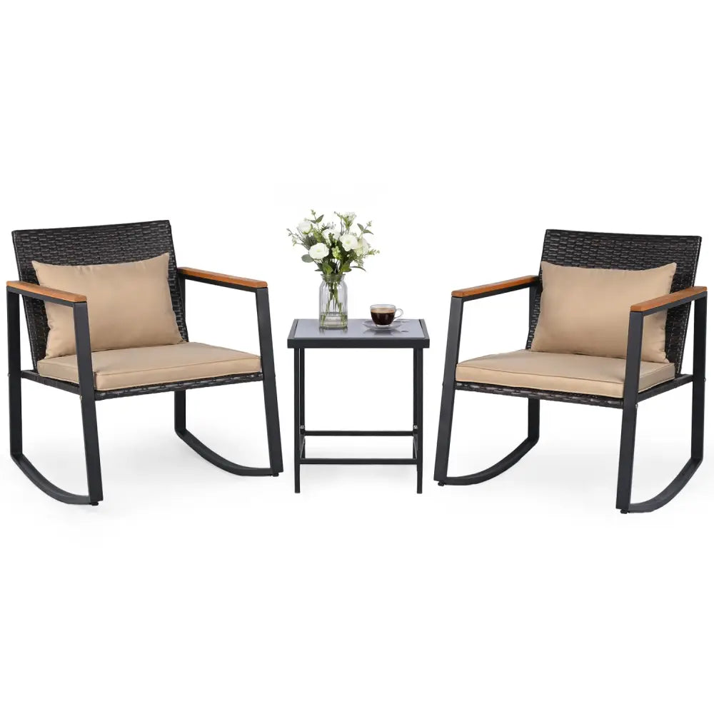 3-Piece Outdoor Rocking Bistro Set with Soft Cushions & Tempered Glass Table-Brown & Black - Patio Furniture Sets