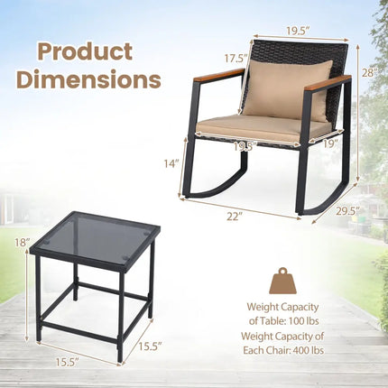 3-Piece Outdoor Rocking Bistro Set with Soft Cushions & Tempered Glass Table-Brown & Black - Patio Furniture Sets