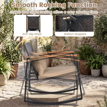 3-Piece Outdoor Rocking Bistro Set with Soft Cushions & Tempered Glass Table-Brown & Black - Patio Furniture Sets