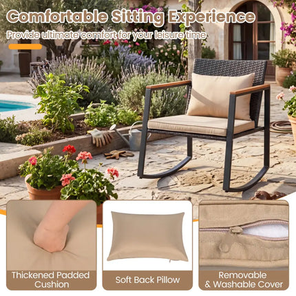 3-Piece Outdoor Rocking Bistro Set with Soft Cushions & Tempered Glass Table-Brown & Black - Patio Furniture Sets