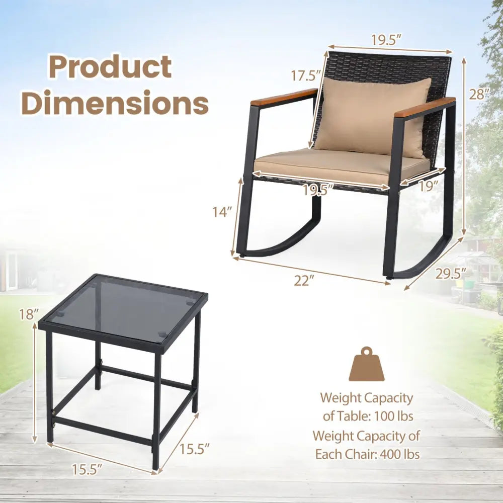 3-Piece Outdoor Rocking Bistro Set with Soft Cushions & Tempered Glass Table-Brown & Black - Patio Furniture Sets