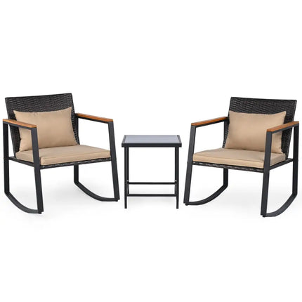 3-Piece Outdoor Rocking Bistro Set with Soft Cushions & Tempered Glass Table-Brown & Black - Patio Furniture Sets