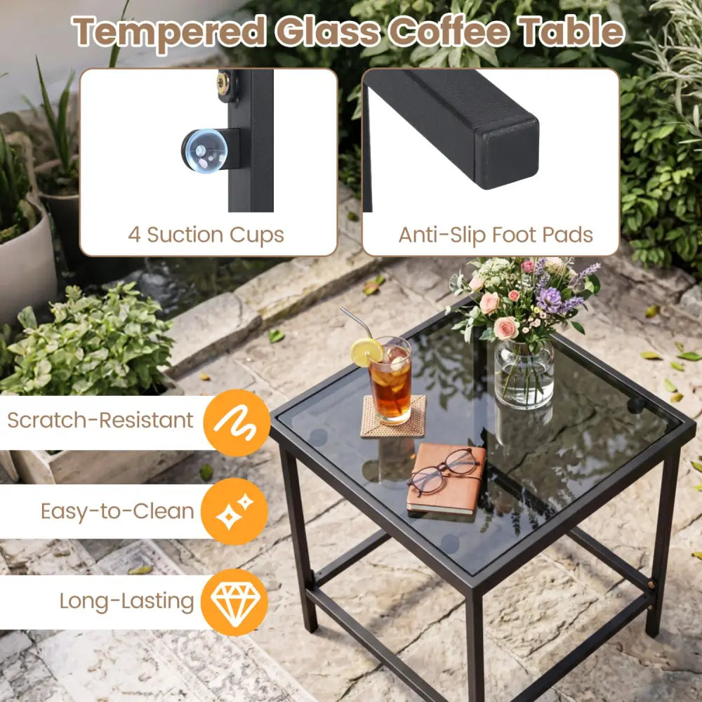 3-Piece Outdoor Rocking Bistro Set with Soft Cushions & Tempered Glass Table-Brown & Black - Patio Furniture Sets