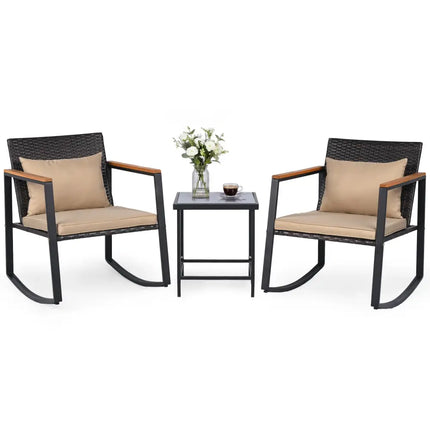 3-Piece Outdoor Rocking Bistro Set with Soft Cushions & Tempered Glass Table-Brown & Black - Patio Furniture Sets