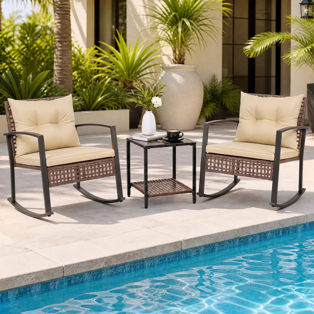 3-Piece Outdoor Rocking Chair Set-Brown - Brown - Patio Dining Sets