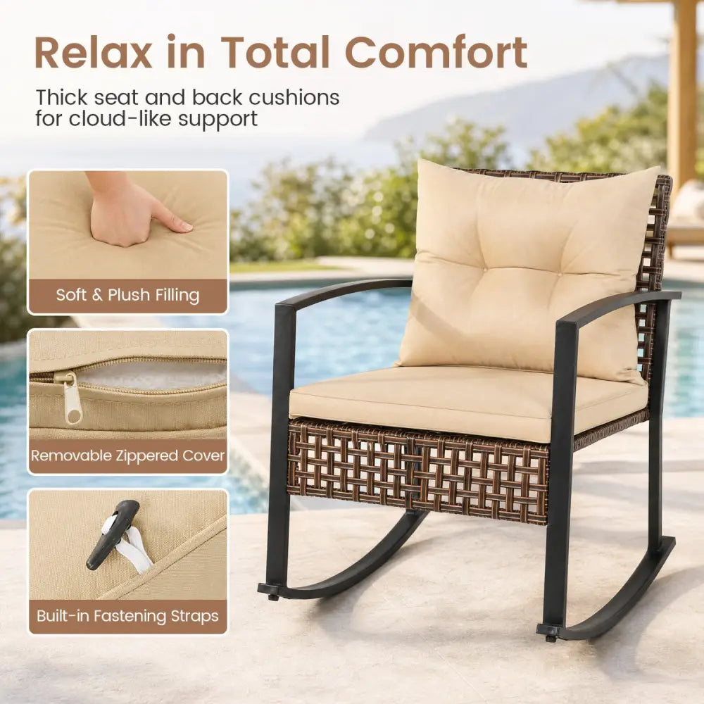 3-Piece Outdoor Rocking Chair Set-Brown - Brown - Patio Dining Sets