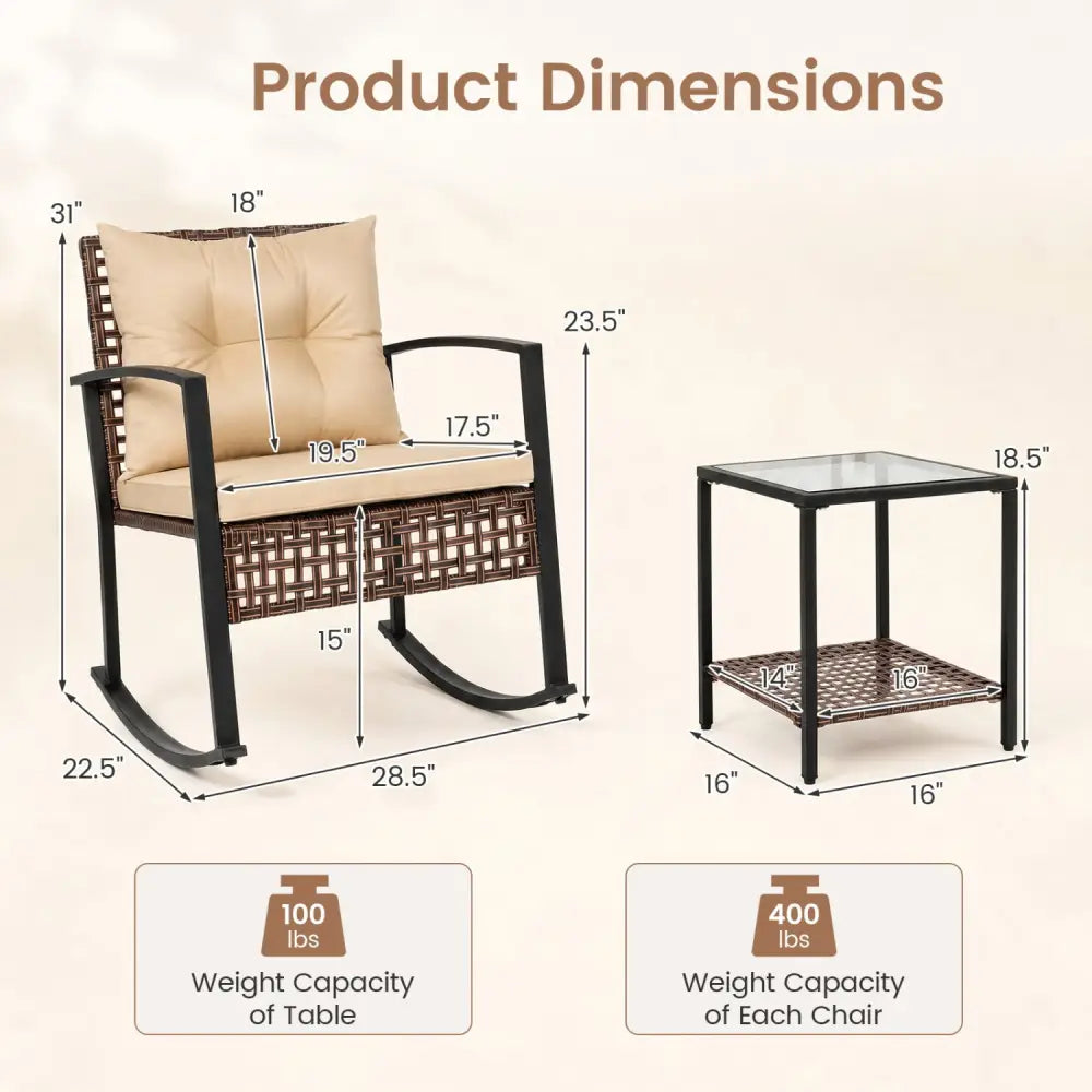 3-Piece Outdoor Rocking Chair Set-Brown - Brown - Patio Dining Sets